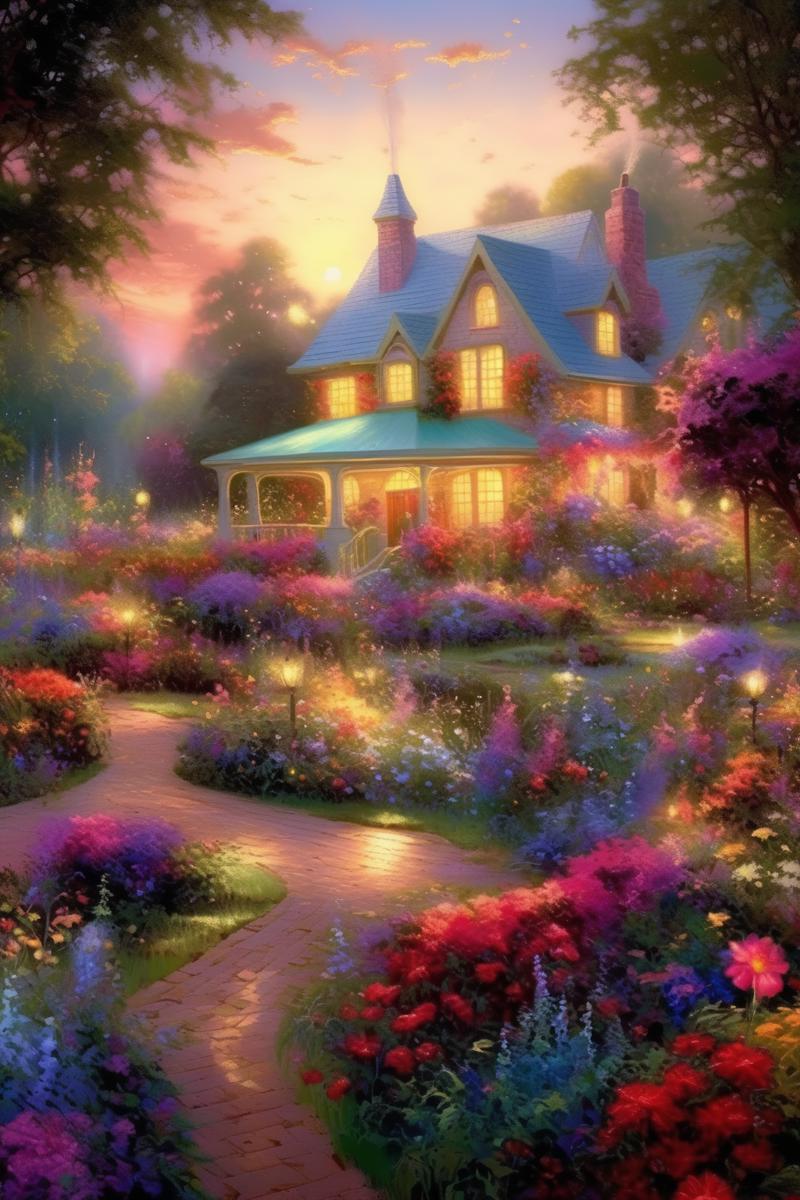 00403-3245847922-_lora_Thomas Kinkade Style_1_Thomas Kinkade Style - Thomas Kinkade vibrant flower garden, beautiful summer evening. exclude any.png